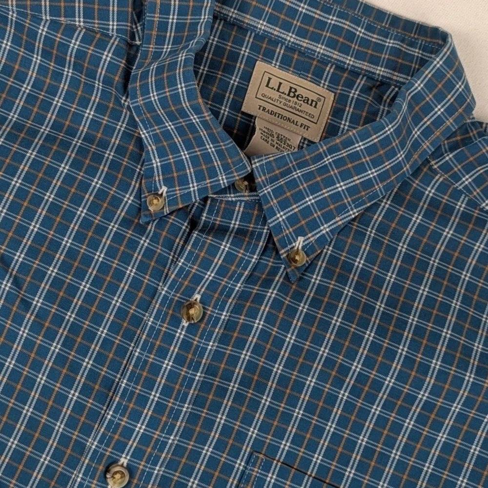 LL Bean Mens XL Traditional Fit Plaid Button Down Shirt Blue Orange 503307